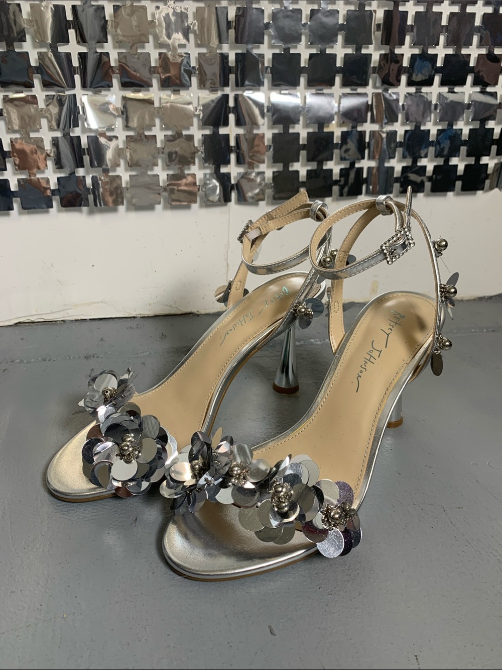 Betsey Johnson Silver Floral Sequin Heeled Sandals